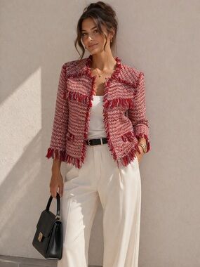 Zara Tweed Jacket Red Bouclé Fringe Trim 3/4 Sleeve Blazer Size M